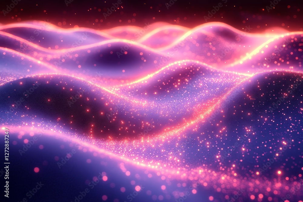 Intricate 3D Render of Wavy Glowing Particle Landscape on Abstract Blue and Purple Background with Glitch Art Style. Intricate 3D Render of Wavy Glowing Particle Landscape on Abstract Blue and Purple Background with Glitch Art Style.