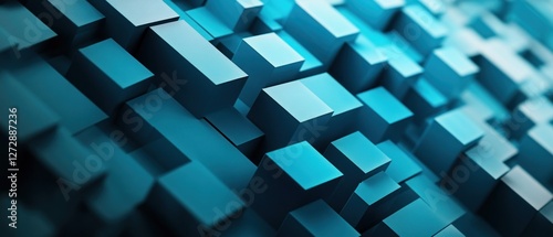 Abstract blue geometric shapes create a dynamic three-dimensional landscape  evoking a sense of depth and modernity in a digital environment