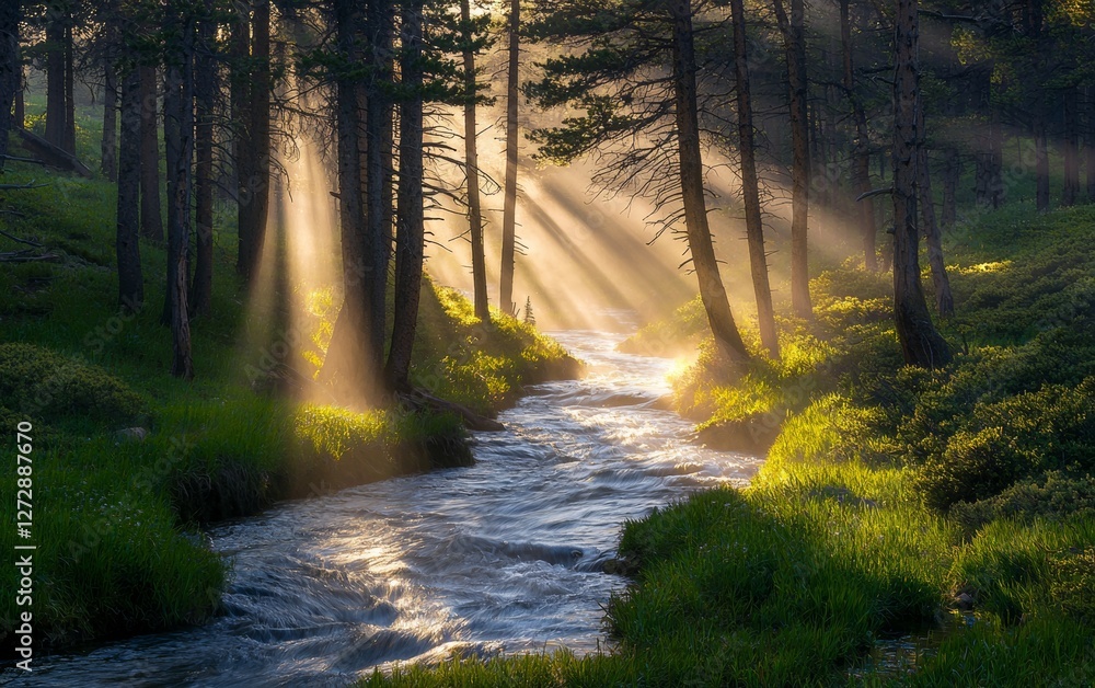 Obraz premium Sunlight filters through trees over a serene stream in a lush forest during early morning hours