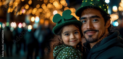 St. Patrick's Day portrait of a Hispanic man holding his daughter close, both wearing green leprechaun hats. The dad is in a forest green hoodie and light jeans, and the daughter is in a green  photo