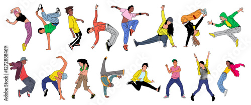 Set of teenager dancers hip hop, breakdance outline vector drawing isolated on white background. Young cool girl and boy dancing street dance in bright clothes. Korean japanese asian cartoon style.