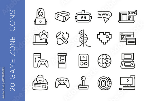 Game zone icons. Set of 20 game trendy minimal icons. Handheld Console, VR Headset, Arcade Machine, Desktop Computer icon. Design signs for web page, mobile app, packaging design. Vector illustration.