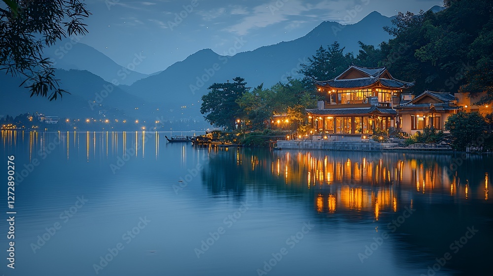 Fototapeta premium Lakeside Asian house at twilight, tranquil scene, possible use as a nature background