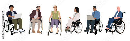 Disabled people at work vector set. Different business men and women in wheelchair with laptop, working, conversation. Inclusive business concept. Realistic illustrations isolated 