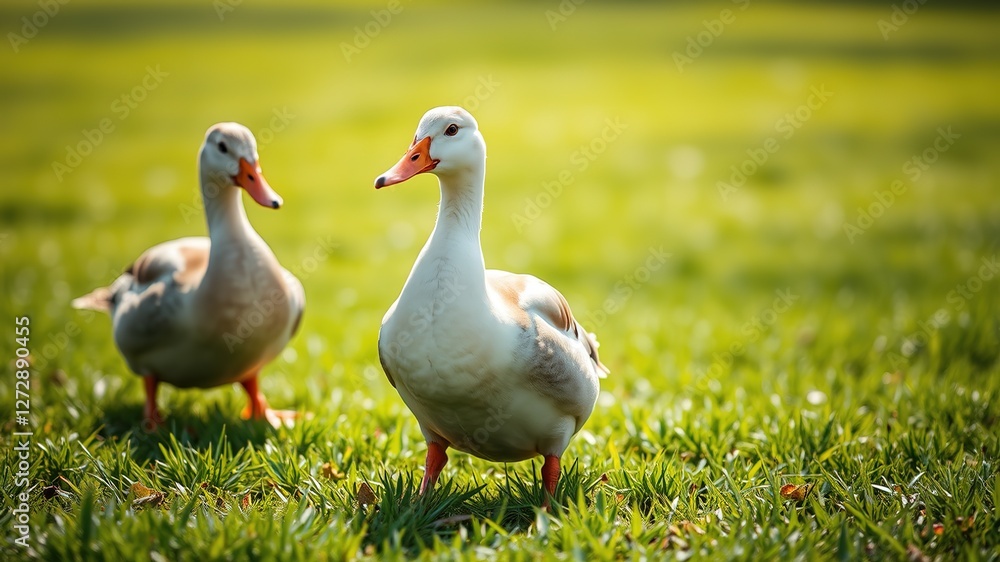 Cute Ducks Walking on Grass - Bright Colorful AI Art - Spring Nature Scene Cute Ducks Walking on Grass - Bright Colorful AI Art - Spring Nature Scene