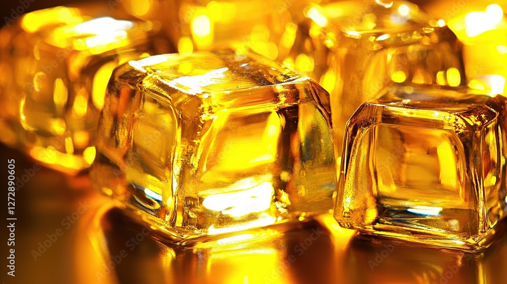 Golden Ice Cubes Glowing Dark Background Luxury Drink Golden Ice Cubes Glowing Dark Background Luxury Drink
