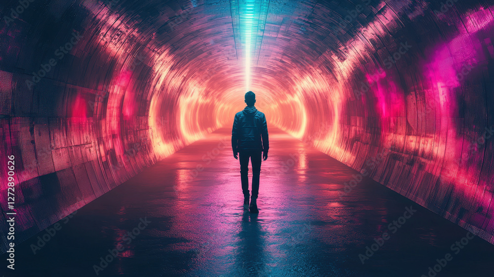 Cybernetic character explores a neon-lit labyrinth filled with shifting walls and digital distortions in a futuristic cyber world Cybernetic character explores a neon-lit labyrinth filled with shifting walls and digital distortions in a futuristic cyber world