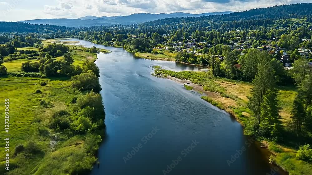 A serene river flows through lush greenery and hills under a partly cloudy sky. A serene river flows through lush greenery and hills under a partly cloudy sky.