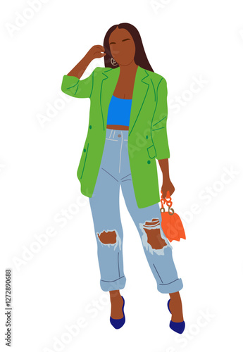 Black Business woman standing in fashionable smart casual outfit, jacket, jeans, high heels. Pretty african american girl in office look. Vector realistic illustration Isolated 
