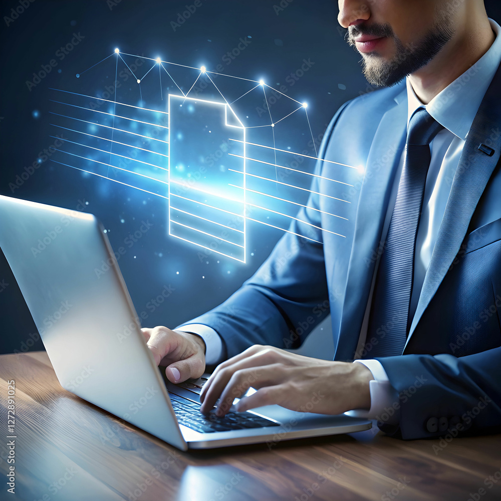 A man typing on a laptop with glowing electronic documents and digital data floating around him. A man typing on a laptop with glowing electronic documents and digital data floating around him.
