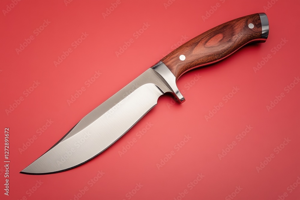Obraz premium Sharp hunting knife with wood handle on red surface