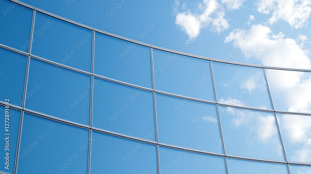 Modern building facade reflecting blue sky, clouds; architectural design Modern building facade reflecting blue sky, clouds; architectural design
