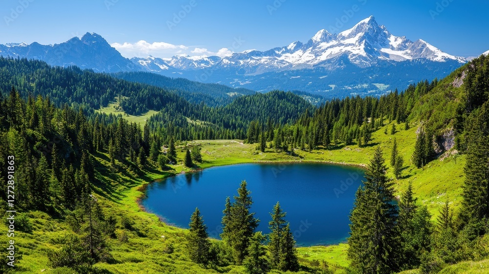 Scenic mountain lake surrounded by lush forest and snowy peaks Scenic mountain lake surrounded by lush forest and snowy peaks