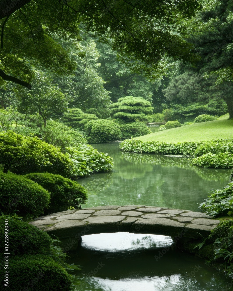 Fototapeta premium Tranquil garden scene with bridge serene nature landscape lush environment peaceful viewpoint