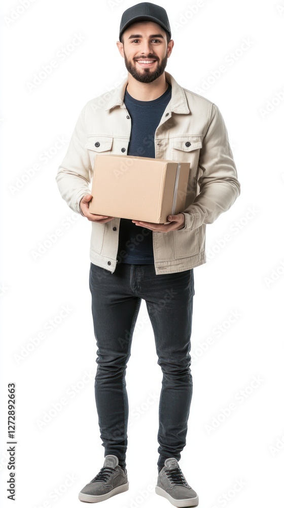 Smiling man holding a package in a bright setting Smiling man holding a package in a bright setting
