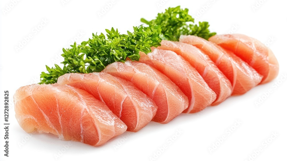 A fresh arrangement of yellowtail sashimi slices, isolated on a white background, showcasing its delicate texture and pale pink color A fresh arrangement of yellowtail sashimi slices, isolated on a white background, showcasing its delicate texture and pale pink color