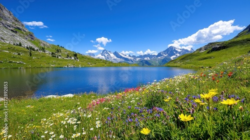 Fototapeta Naklejka Na Ścianę i Meble -  Alpine lake surrounded by wildflowers with snow capped mountains