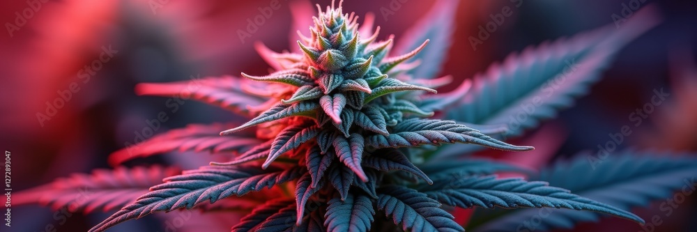Close-up of a cannabis flower, showcasing vibrant colors and intricate details. Perfect for cannabis industry, wellness, or botanical illustrations.