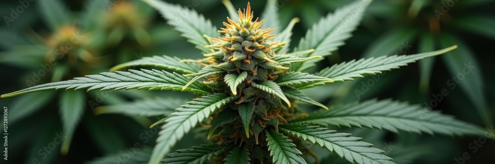 Close-up of a cannabis plant with vibrant buds, perfect for illustrating the growing industry of medical and recreational marijuana. Close-up of a cannabis plant with vibrant buds, perfect for illustrating the growing industry of medical and recreational marijuana.