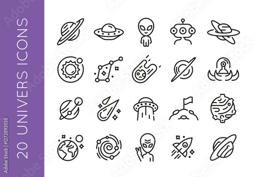 Universe icons. Set of 20 space trendy minimal icons. Example: Planet, UFO, Moon, Telescope, Comet icon. Design signs for web page, mobile app, packaging design. Vector illustration.