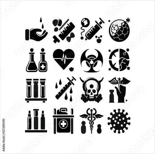 Medical and HIV Virus Organism Awareness Icon Set – Healthcare, Biohazard, and Vaccination