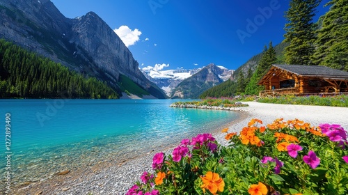 Fototapeta Naklejka Na Ścianę i Meble -  Picturesque lake louise scene showing mountains flowers and log cabin