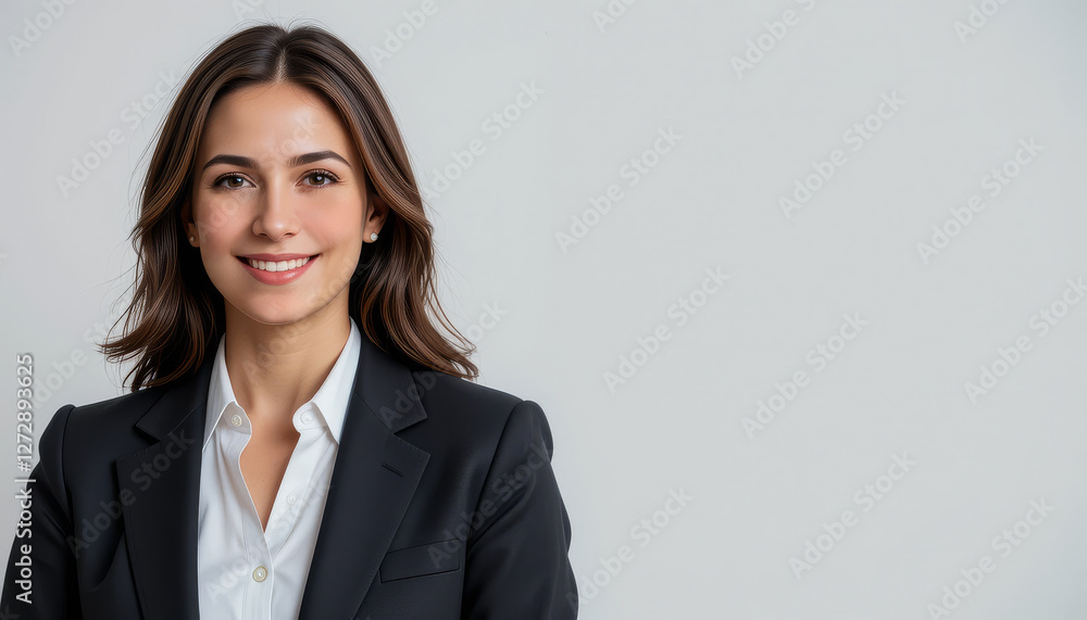 Woman with dark hair smiling in professional attire against a neutral background Woman with dark hair smiling in professional attire against a neutral background