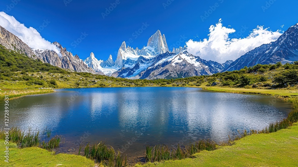 Fototapeta premium Lake reflects majestic snowy mountain peaks under a vibrant sky