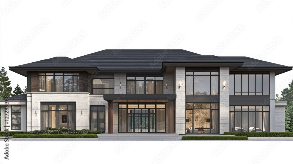 A luxurious modern home with a spacious front yard and contemporary exterior, isolated on a white background to emphasize its elegant structure and open space A luxurious modern home with a spacious front yard and contemporary exterior, isolated on a white background to emphasize its elegant structure and open space