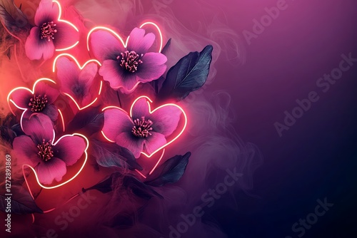 Modern Women's Day design with neon hearts and abstract pink flowers on a dark pink gradient.