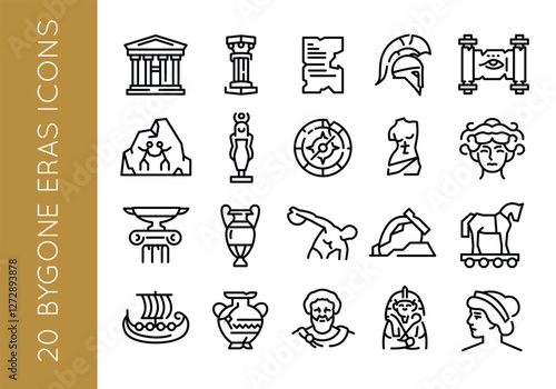 Ancient Era icons. Set of 20 Ancient Greek trendy minimal icons. Ionic Column, Lyre, Greek Ship, Spartan Helmet. Design signs for web page, mobile app, packaging design. Vector illustration