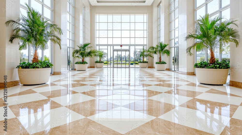 Fototapeta premium Modern building lobby, bright interior, plants, exit view