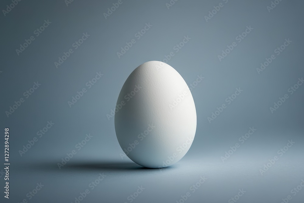 A single white egg stands against a simple blue background A single white egg stands against a simple blue background