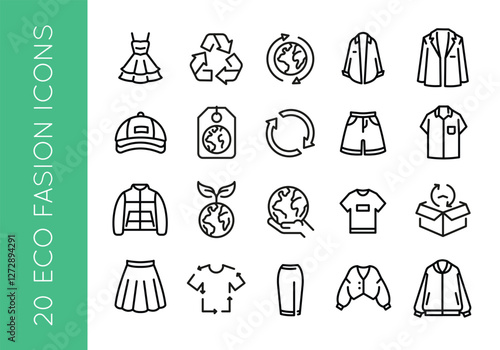 Eco fashion Icons. A collection of 20 streamlined and modern icons representing recyclable clothing . Examples include dress, T-shirt, bermudas, recycle, non waste production. Vector illustration 