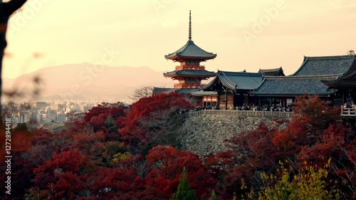 Wallpaper Mural Immerse yourself in the beauty of Kyoto’s Kiyomizu-dera Pagoda surrounded by vibrant red foliage during the autumn sunset. Torontodigital.ca