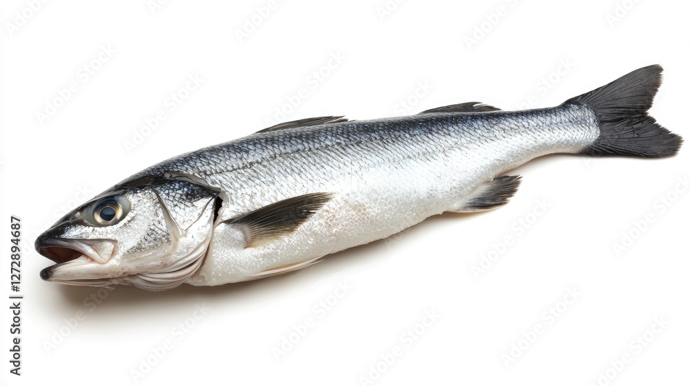 Fototapeta premium A raw sea bass fillet, isolated on white, showcasing its smooth texture and mild flavor, perfect for grilling or sashimi