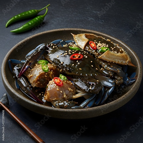 Ganjang Gejang coreano: cangrejo crudo marinado en salsa de soja con guarnición