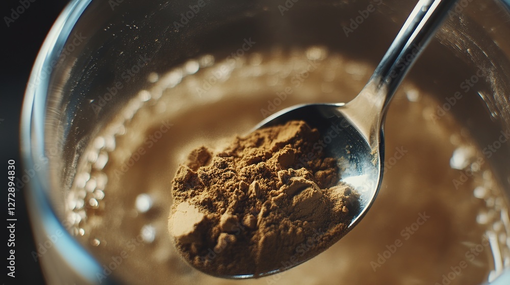 Fototapeta premium A close-up of a superfood powder being mixed into a glass of water with a spoon.