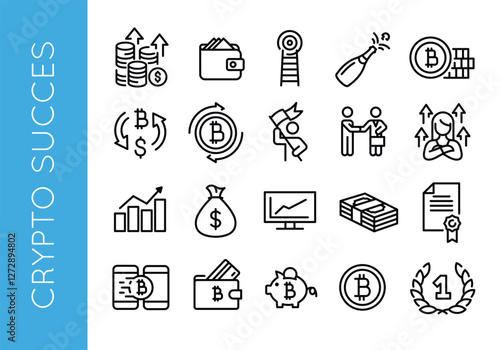 Crypto icons. Set of 20 trendy minimal icons. Exchange, lock, blockchain, microchip, bitcoin icon. Design signs for web page, mobile app, packaging design. Vector illustration