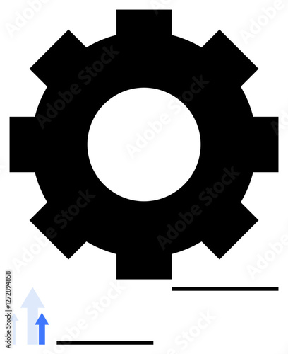 Black gearwheel in center with two upward arrows in shades of blue and gray, and three horizontal bars below. Ideal for teamwork, innovation, technology, growth, productivity, operations, abstract