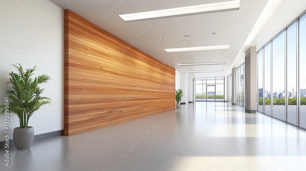 Fototapeta premium A bright, modern interior space featuring large windows, a wooden accent wall, and a potted plant, creating a fresh, inviting atmosphere.