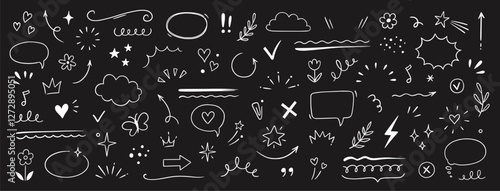 Cute line sketch star, arrow, heart decoration element icon set. Hand drawn sketch doodle cute star, emphasis, flower element. Pen line text decoration shape icon. Chalkboard vector illustration.