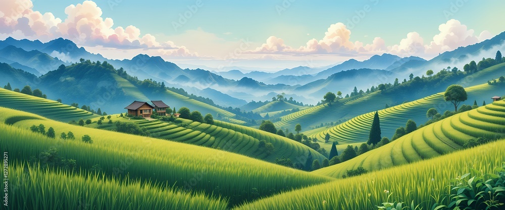 Fototapeta premium Serene Rice Terraces, A Landscape of Verdant Fields and Distant Mountain Ranges