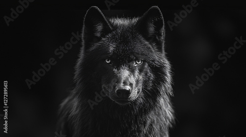 Black wolf intense gaze dramatic backlight glowing eyes dark background wild predator moody lighting fine art photography minimalistic elegant isolated silhouette artistic aesthetic calm zen pet print