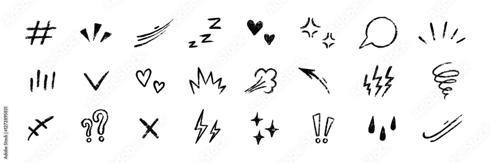 Naklejka premium Line movement comic element, cartoon emotion mark effect decoration icon. Hand drawn cute doodle line element arrow, emphasis, shock, sparkle. Anime movement, express shape. Vector illustration