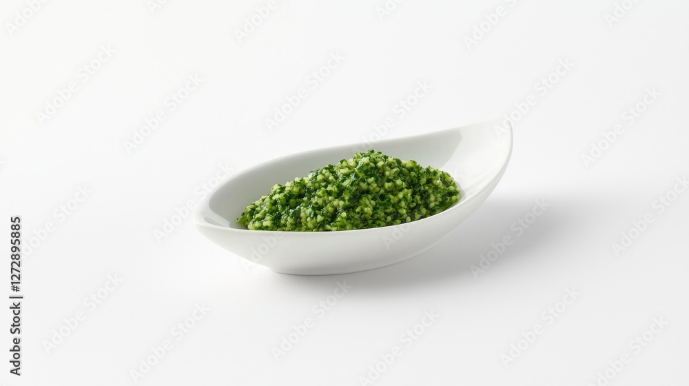 A small portion of wasabi paste in a ceramic dish, isolated on a white background, with bright green tones and smooth texture clearly visible A small portion of wasabi paste in a ceramic dish, isolated on a white background, with bright green tones and smooth texture clearly visible