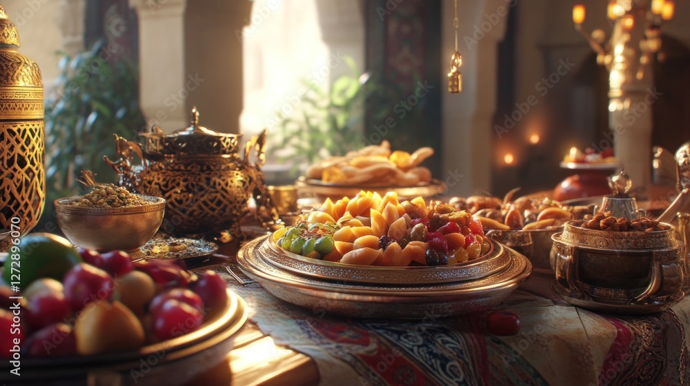 Luxurious feast spread on antique trays, featuring colorful fruits, pastries, and nuts, illuminated by warm sunlight filtering through a window. Luxurious feast spread on antique trays, featuring colorful fruits, pastries, and nuts, illuminated by warm sunlight filtering through a window.
