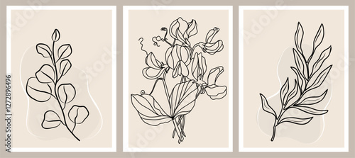 Botanical wall art vector set. Nordic line art drawing with Sweet Pea flower and eucalyptus leaves. Abstract Plant Art design for print, cover, wallpaper. Beige and black vector illustration.