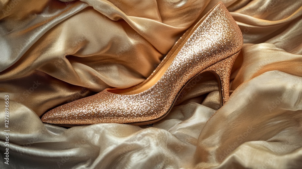 Obraz premium Sparkling High-Heeled Shoes Peeking Through Luxurious Satin Fabrics