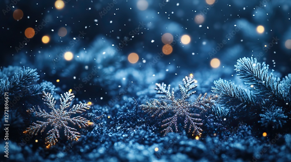 Fototapeta premium festive blue christmas background with sparkling lights,snowflakes for holiday celebrations